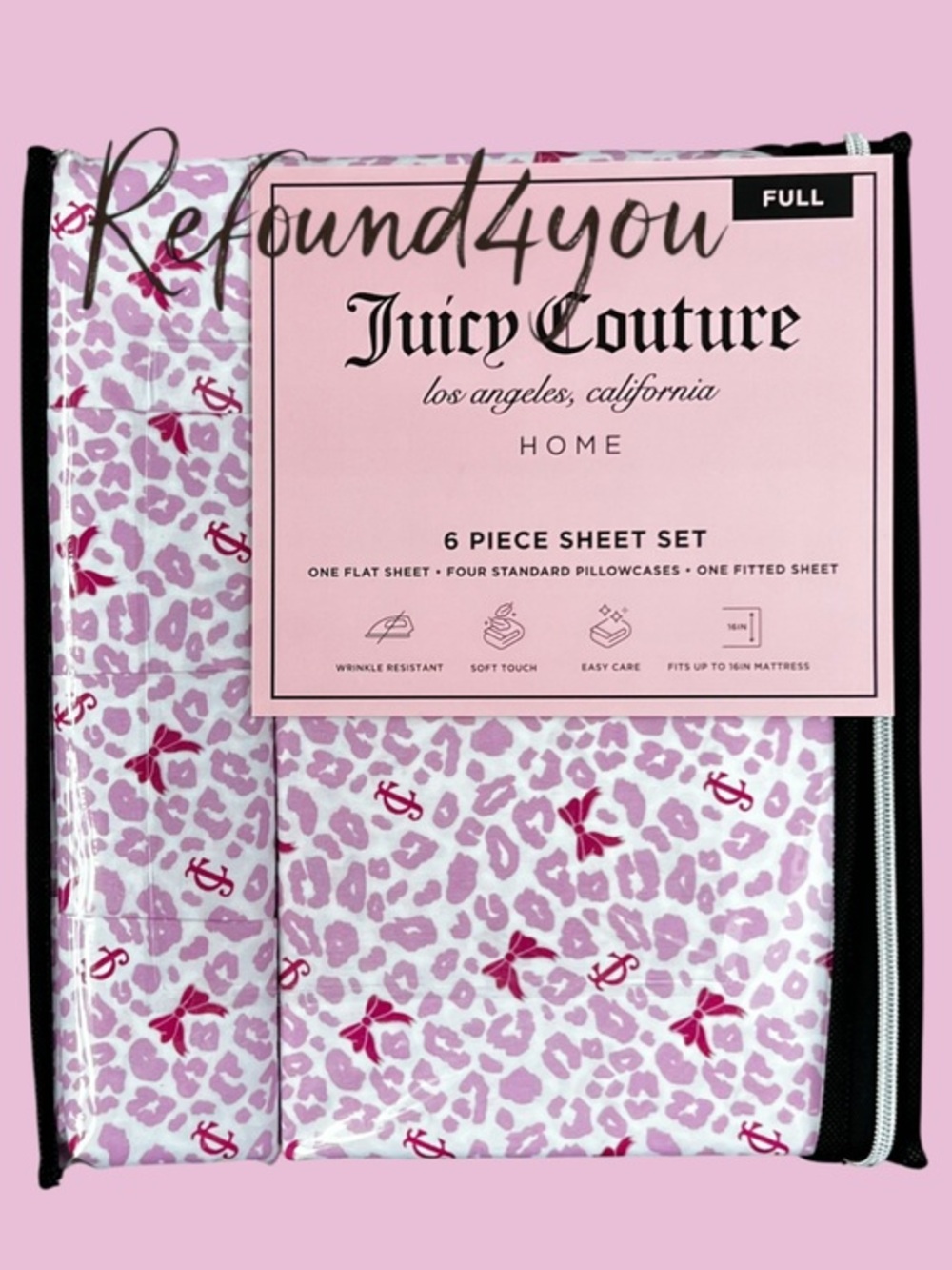 Juicy Couture - ‘Leopard & Bows - pink’ full-size sheet set. NWT. Firm!